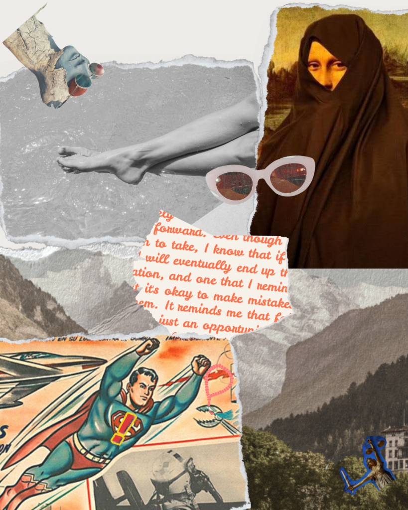 a collage art created by Soulilize shwing Mona Liza wearing Hijab, an old painting of superman, bare legs in water and a mountain